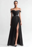 Off The Shoulder Black A Line Evening Dress with Slit