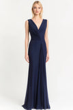 Navy V Neck Sheath Ruched Long Evening Dress