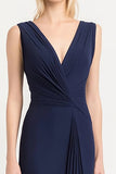Navy V Neck Sheath Ruched Long Evening Dress