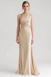Champagne Halter Sheath Ruched Evening Dress