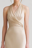Champagne Halter Sheath Ruched Evening Dress