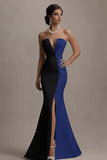 Strapless Black And White Mermaid Evening Dress with Slit