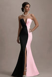 Strapless Black And White Mermaid Evening Dress with Slit