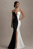 Strapless Black And White Mermaid Evening Dress with Slit
