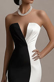 Strapless Black And White Mermaid Evening Dress with Slit
