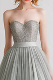 Grey Strapless A Line Tulle Evening Dress