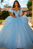 Glitter Sky Blue Off The Shoulder Ruffled Quinceanera Dress