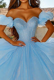 Glitter Sky Blue Off The Shoulder Ruffled Quinceanera Dress