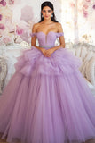 Off The Shoulder Lilac Ball Gown Ruffled Quinceanera Dress