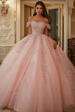 Ball Gown Off The Shoulder Pink Beaded Quinceanera Dress