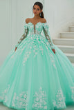 Ball Gown Off The Shoulder Mint Green Appliqued Quinceanera Dress