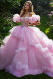 Princess Pink Ball Gown Off the Shoulder Ruffled Tulle Quinceanera Dress