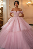 Princess Ball Gown Off the Shoulder Pink Lace Quinceanera Dress