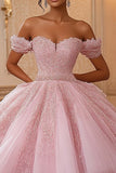 Princess Ball Gown Off the Shoulder Pink Lace Quinceanera Dress