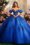 Ball Gown Off the Shoulder Royal Blue Appliqued Quinceanera Dress