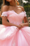 Princess Ball Gown Off the Shoulder Ruffled Pink Quinceanera Dress