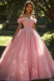 Princess Off the Shoulder Appliqued Ball Gown Pink Quinceanera Dress
