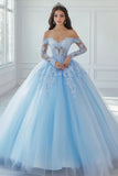 Off The Shoulder Appliqued Ball Gown Sky Blue Lace Quinceanera Dress