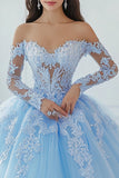 Off The Shoulder Appliqued Ball Gown Sky Blue Lace Quinceanera Dress