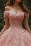 Pink Princess Tulle Ball Gown Long Quinceanera Dress with Lace