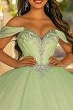 Glitter Light Green Ball Gown Long Tulle Quinceanera Dress with Appliques