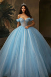 Sky Blue Glitter Corset Ball Gown Long Princess Quinceanera Dress with Ruffles