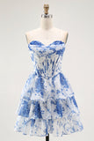 Strapless White Blue Flower Corset A-Line Tiered Ruffle Graduation Dress