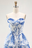 Strapless White Blue Flower Corset A-Line Tiered Ruffle Graduation Dress