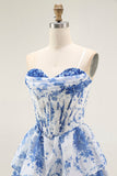 Strapless White Blue Flower Corset A-Line Tiered Ruffle Graduation Dress