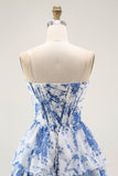 Strapless White Blue Flower Corset A-Line Tiered Ruffle Graduation Dress