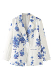 Blue Flower Notched Lapel One Button Women's Blazer