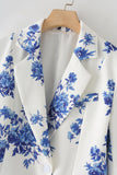Blue Flower Notched Lapel One Button Women's Blazer