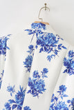 Blue Flower Notched Lapel One Button Women's Blazer