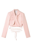 Hot Pink Notched Lapel Tie Cropped Women's Blazer