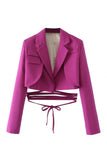 Hot Pink Notched Lapel Tie Cropped Women's Blazer