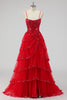 Load image into Gallery viewer, Sparkly Sage Green A Line Spaghetti Straps Sequins Corset Tiered Prom Dress with Slit