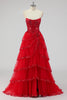 Load image into Gallery viewer, Sparkly Sage Green A Line Spaghetti Straps Sequins Corset Tiered Prom Dress with Slit