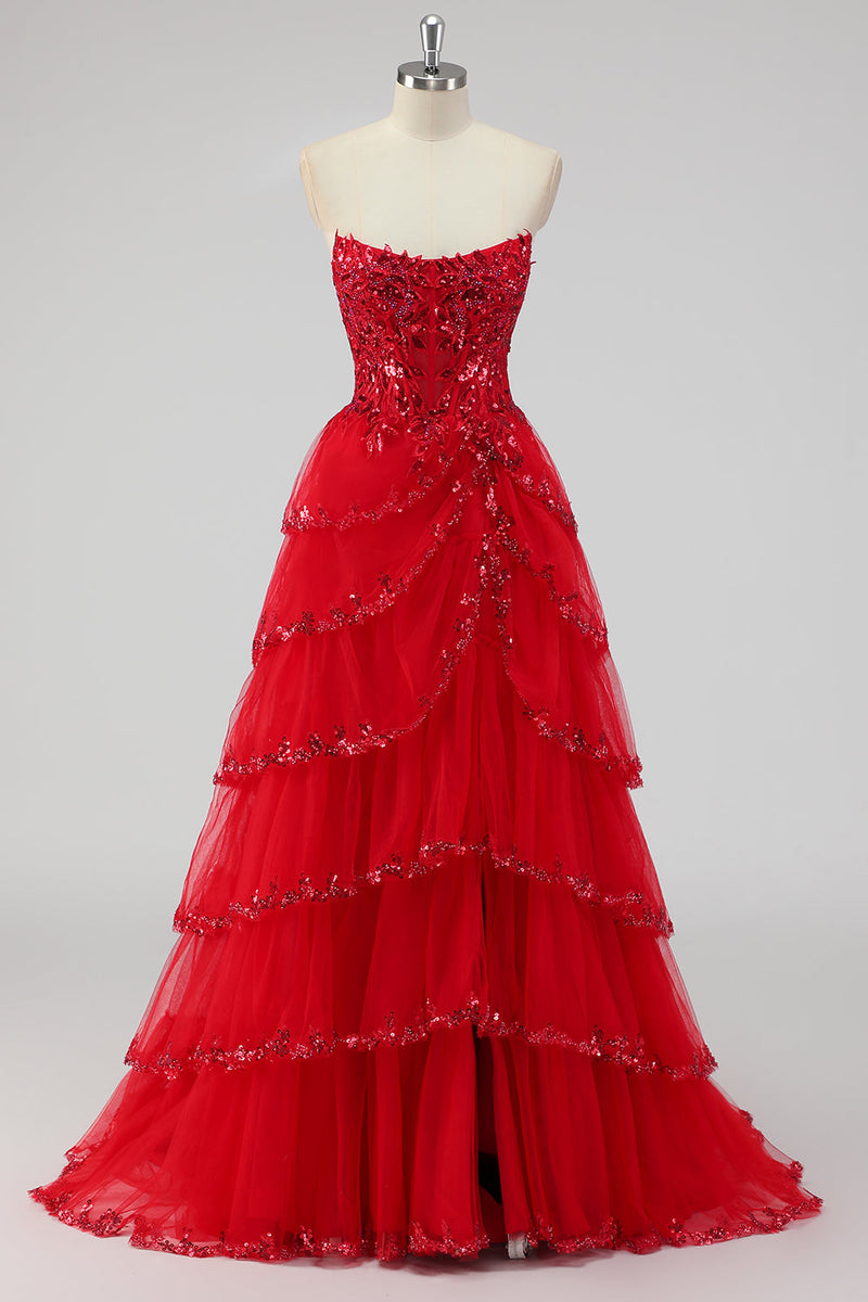 Load image into Gallery viewer, Sparkly Dark Red A Line Strapless Sequins Tiered Corset Prom Dress with Slit