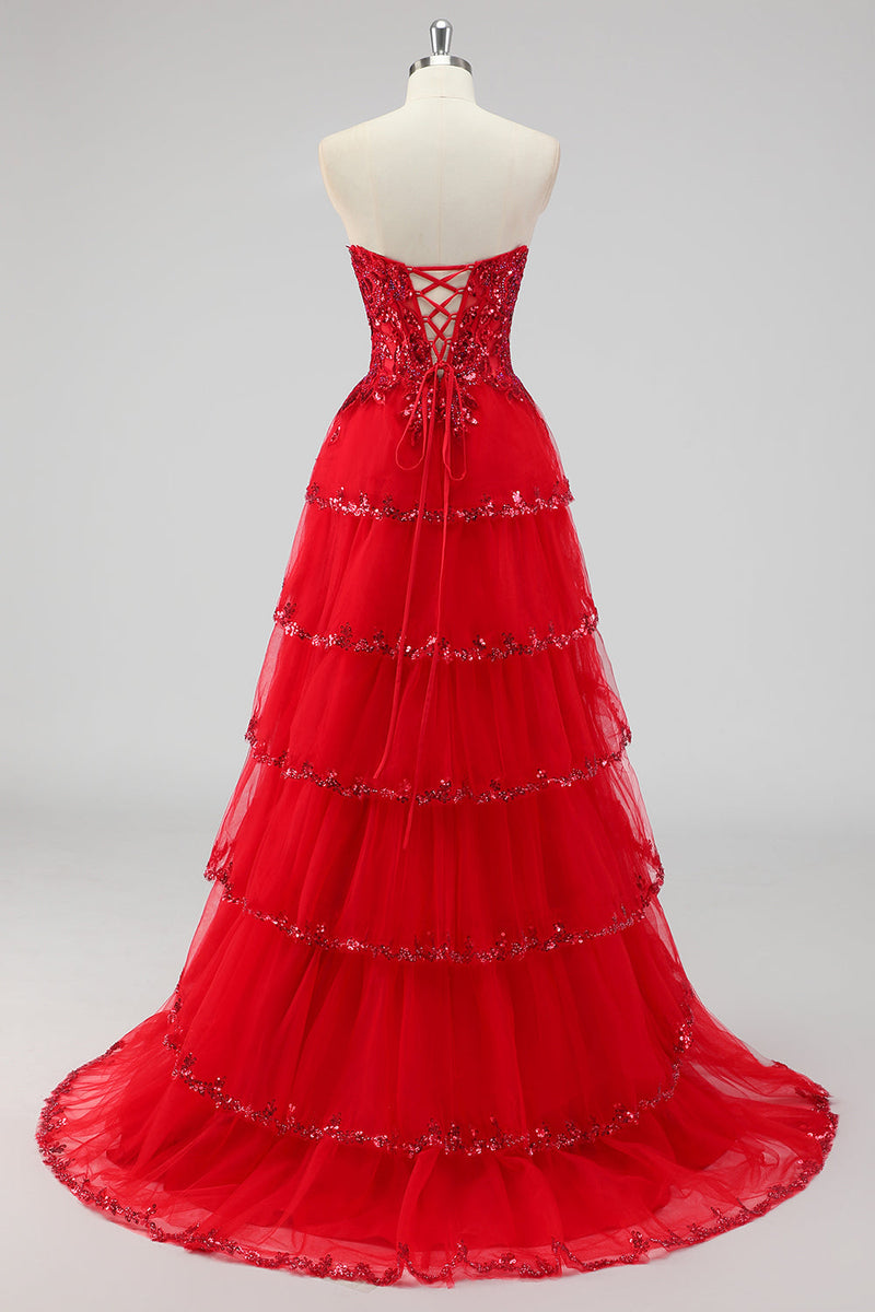 Load image into Gallery viewer, Sparkly Dark Red A Line Strapless Sequins Tiered Corset Prom Dress with Slit