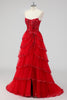 Load image into Gallery viewer, Sparkly Dark Red A Line Strapless Sequins Tiered Corset Prom Dress with Slit