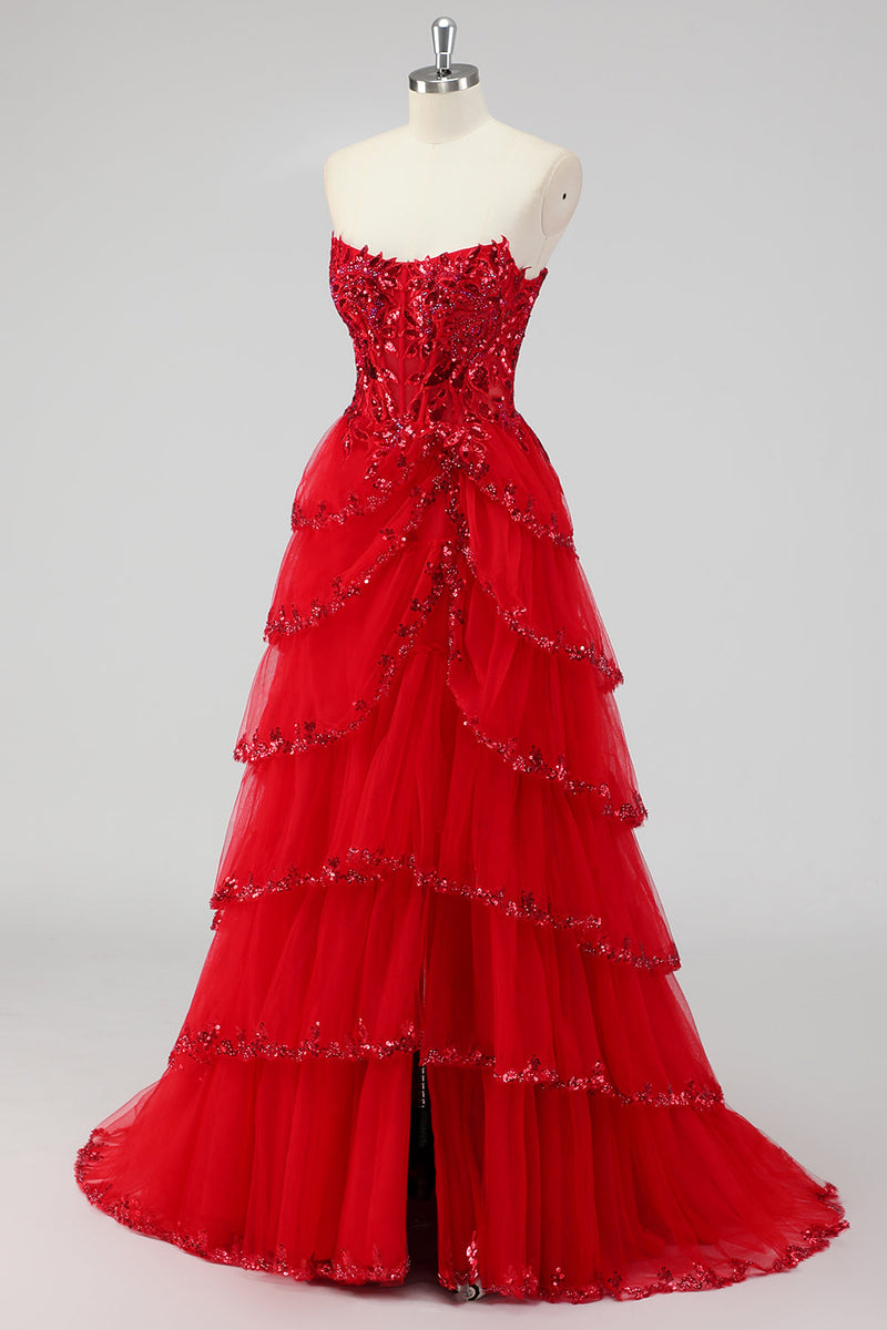 Load image into Gallery viewer, Sparkly Sage Green A Line Spaghetti Straps Sequins Corset Tiered Prom Dress with Slit