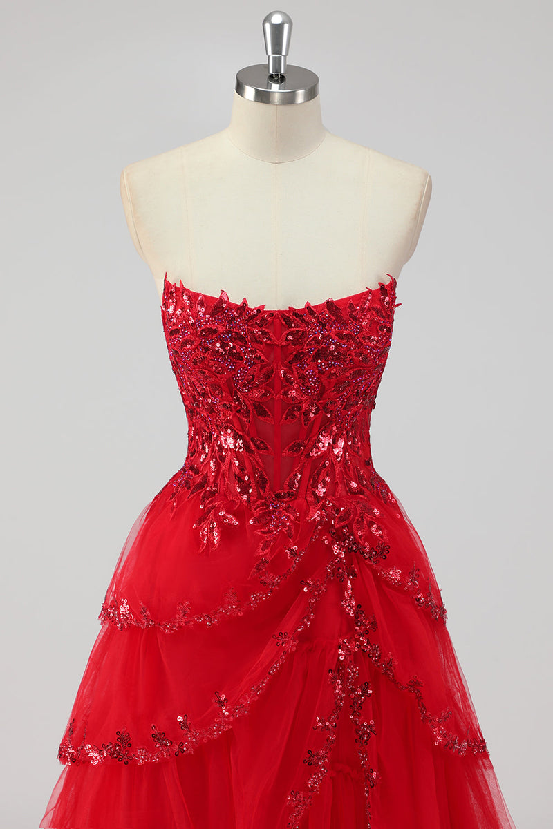 Load image into Gallery viewer, Sparkly Dark Red A Line Strapless Sequins Tiered Corset Prom Dress with Slit