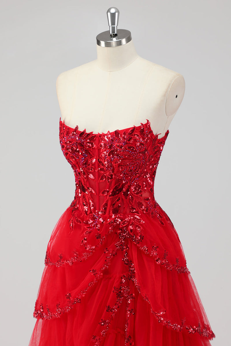 Load image into Gallery viewer, Sparkly Sage Green A Line Spaghetti Straps Sequins Corset Tiered Prom Dress with Slit