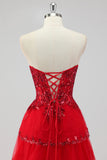 Sparkly Dark Red A Line Strapless Sequins Tiered Corset Prom Dress with Slit