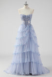 Lavender A Line Strapless Sequins Corset Tiered Prom Dress with Slit