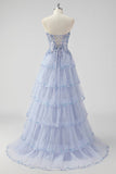 Lavender A Line Strapless Sequins Corset Tiered Prom Dress with Slit