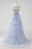 Load image into Gallery viewer, Sparkly Sage Green A Line Spaghetti Straps Sequins Corset Tiered Prom Dress with Slit
