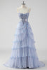 Load image into Gallery viewer, Sparkly Sage Green A Line Spaghetti Straps Sequins Corset Tiered Prom Dress with Slit