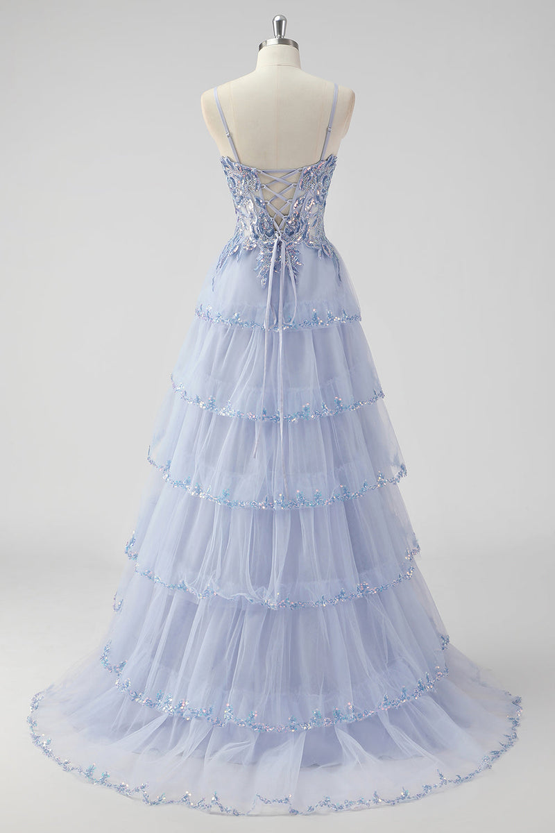 Load image into Gallery viewer, Sparkly Sage Green A Line Spaghetti Straps Sequins Corset Tiered Prom Dress with Slit