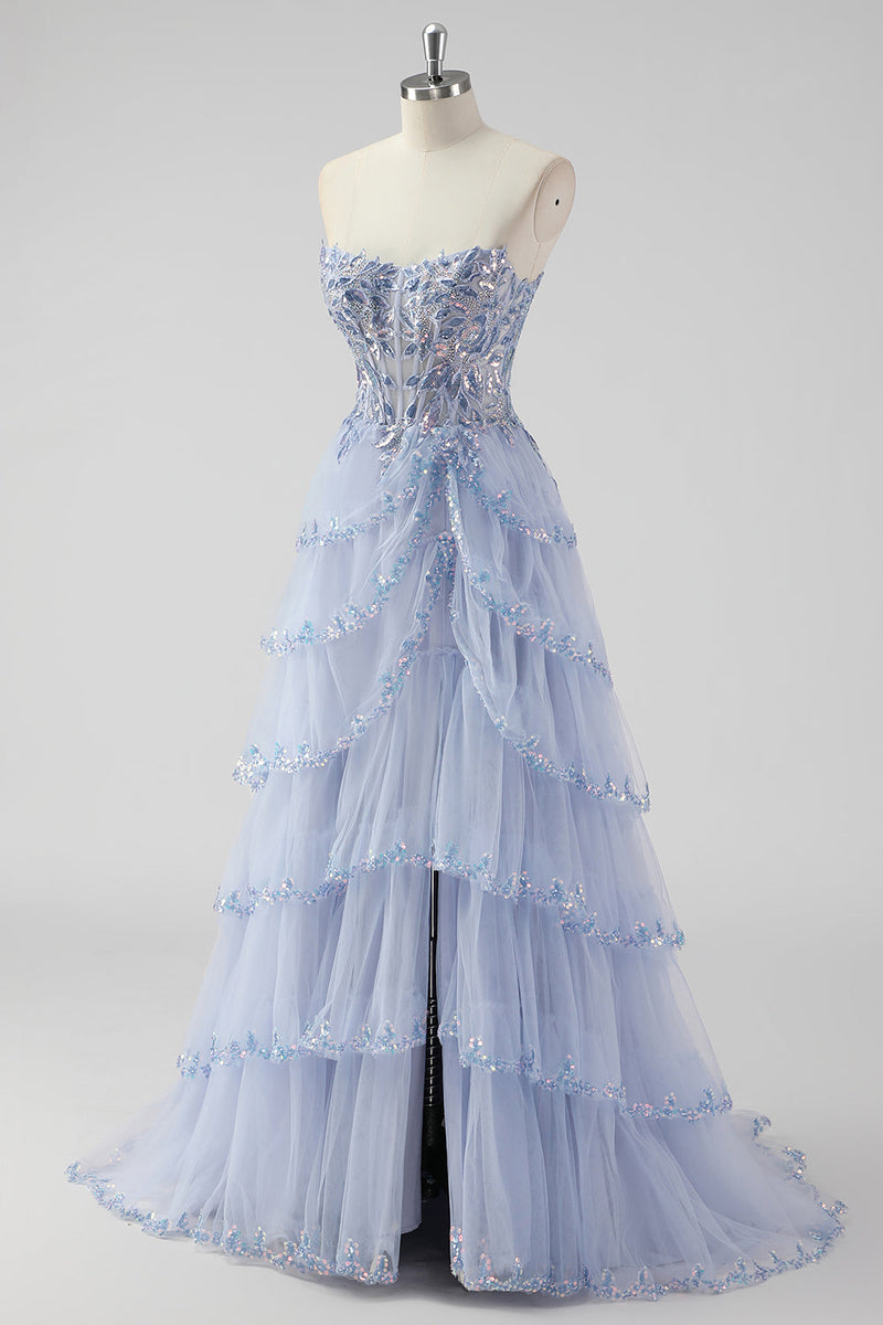 Load image into Gallery viewer, Sparkly Sage Green A Line Spaghetti Straps Sequins Corset Tiered Prom Dress with Slit